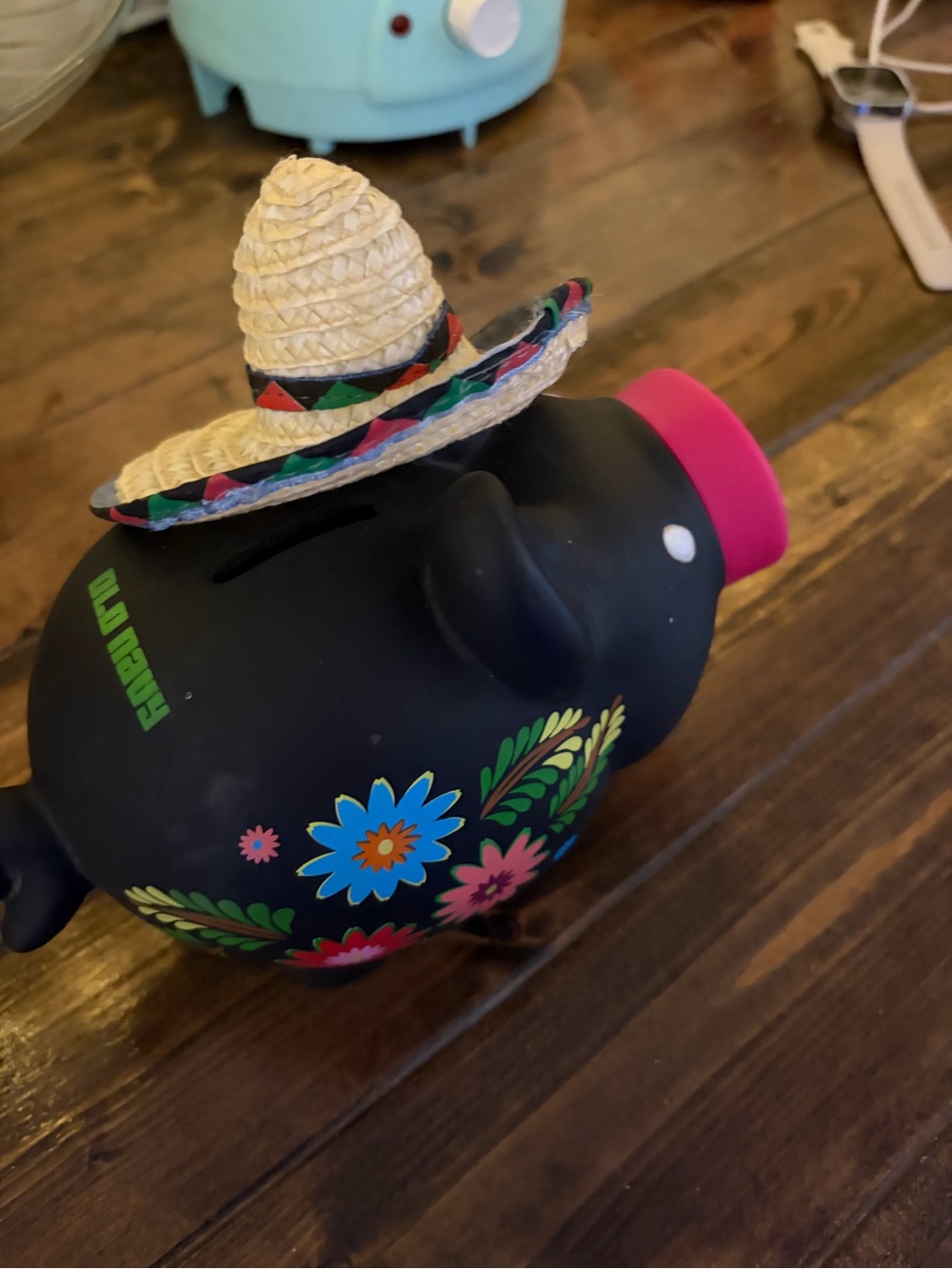 Old Navy Black Floral. Plastic  Piggy Bank with Pink Snout and Straw Hat